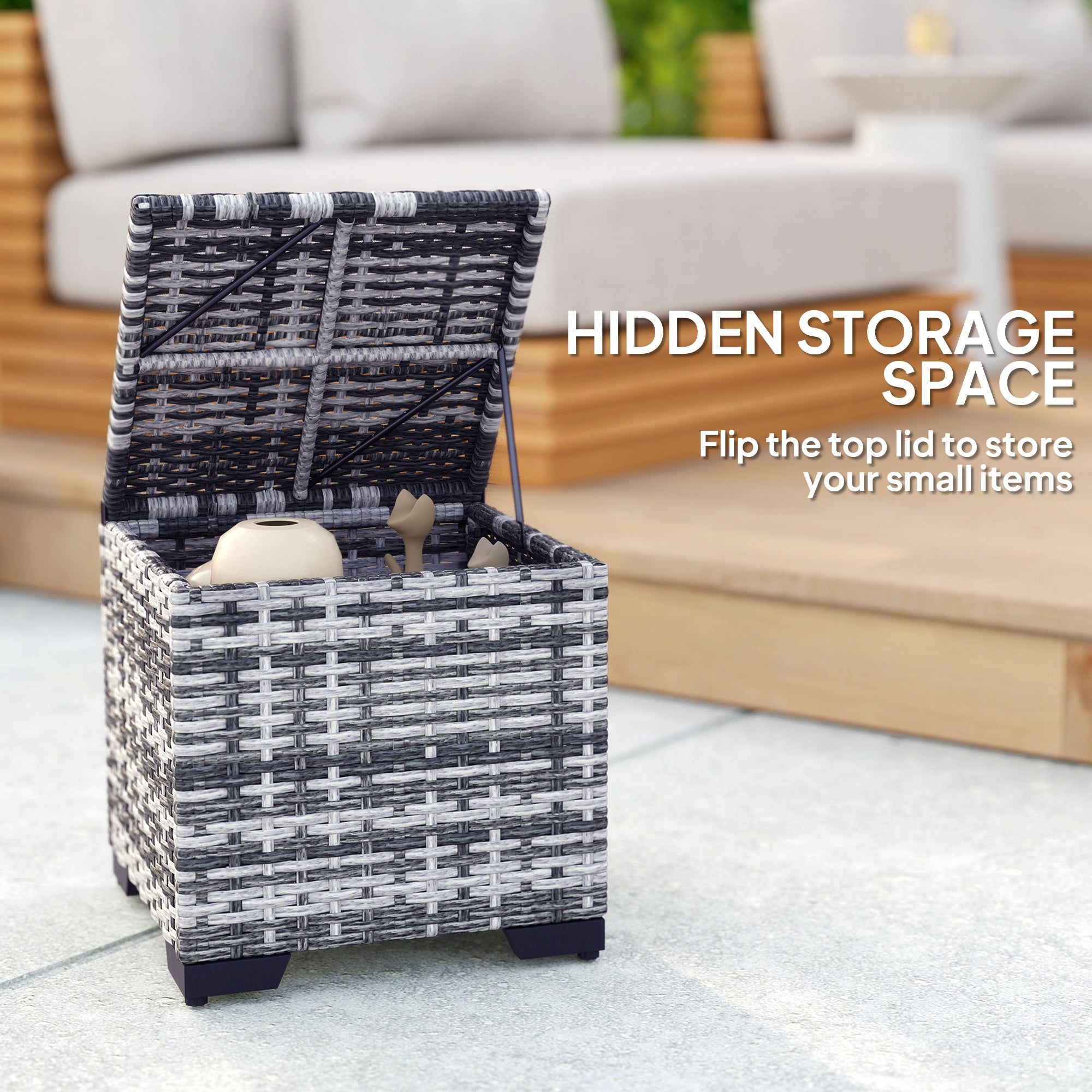 Woven storage ottoman with a lid on a patio, text indicating hidden storage space.