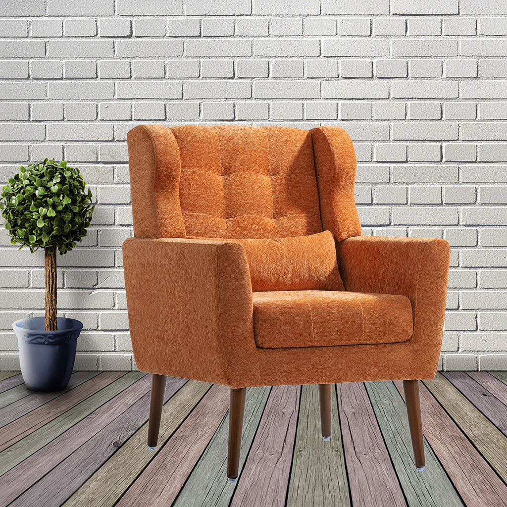 Orange upholstered accent chair with ergonomic design and pillow support