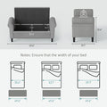 Gray armchair with dimensions and bed size illustrations on a white background