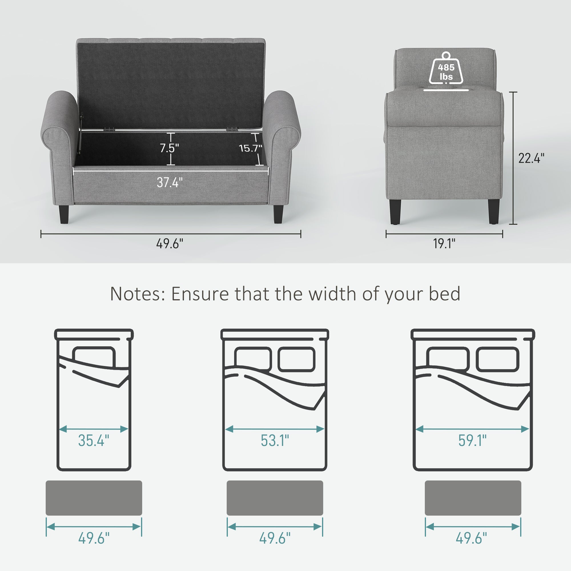 Gray armchair with dimensions and bed size illustrations on a white background