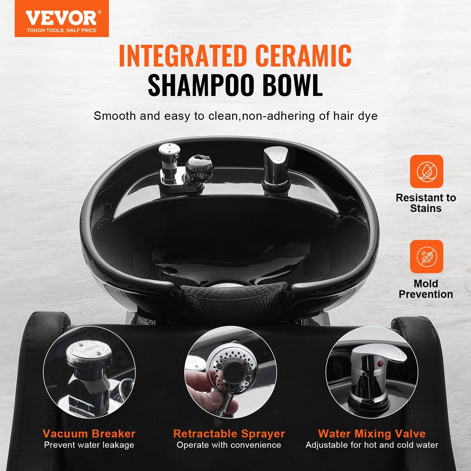 Black ceramic shampoo bowl with VEVOR branding and features listed on a gray background
