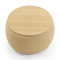 Round ottoman with a wooden top and textured beige base on a white background