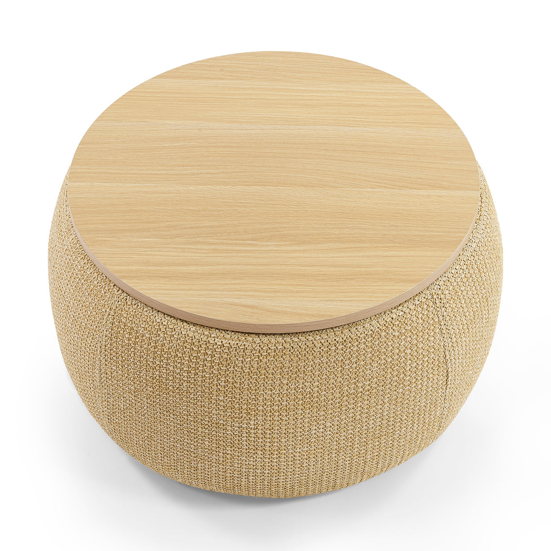 Round ottoman with a wooden top and textured beige base on a white background