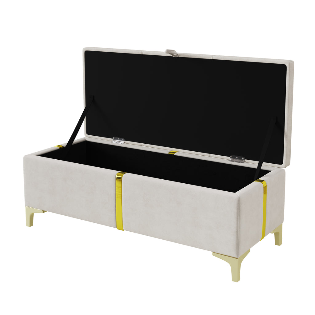 Luxury beige velvet bench ottoman for living room or bedroom seating area