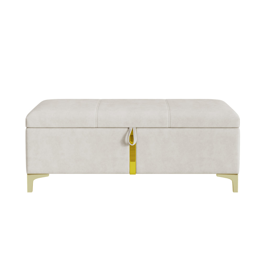 White storage bench with gold accents on a white background