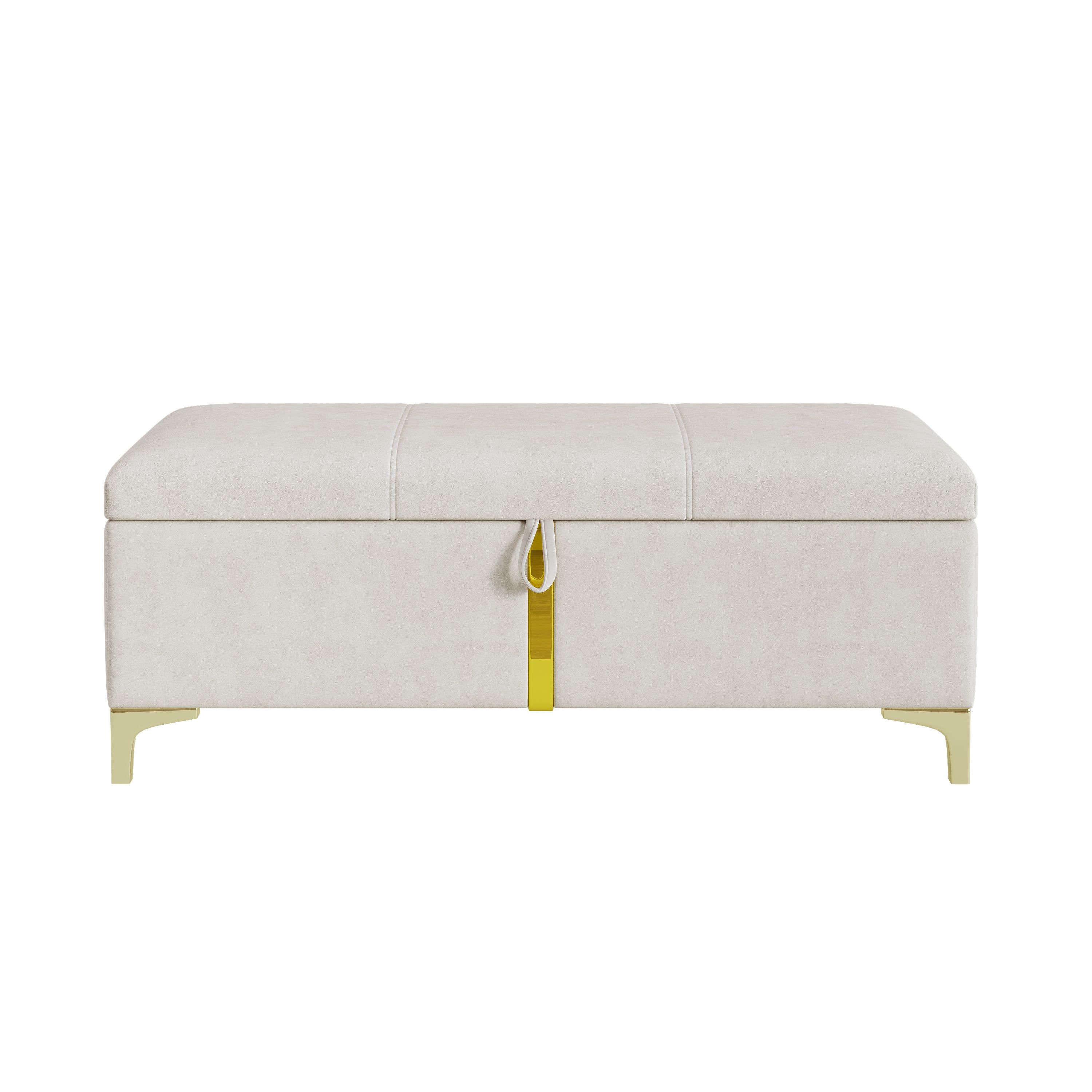 White storage bench with gold accents on a white background