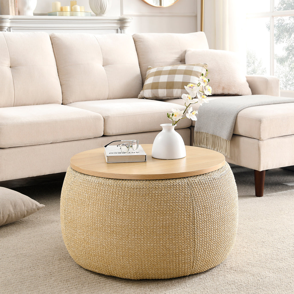 Beige ottoman with a wooden top in a living room setting