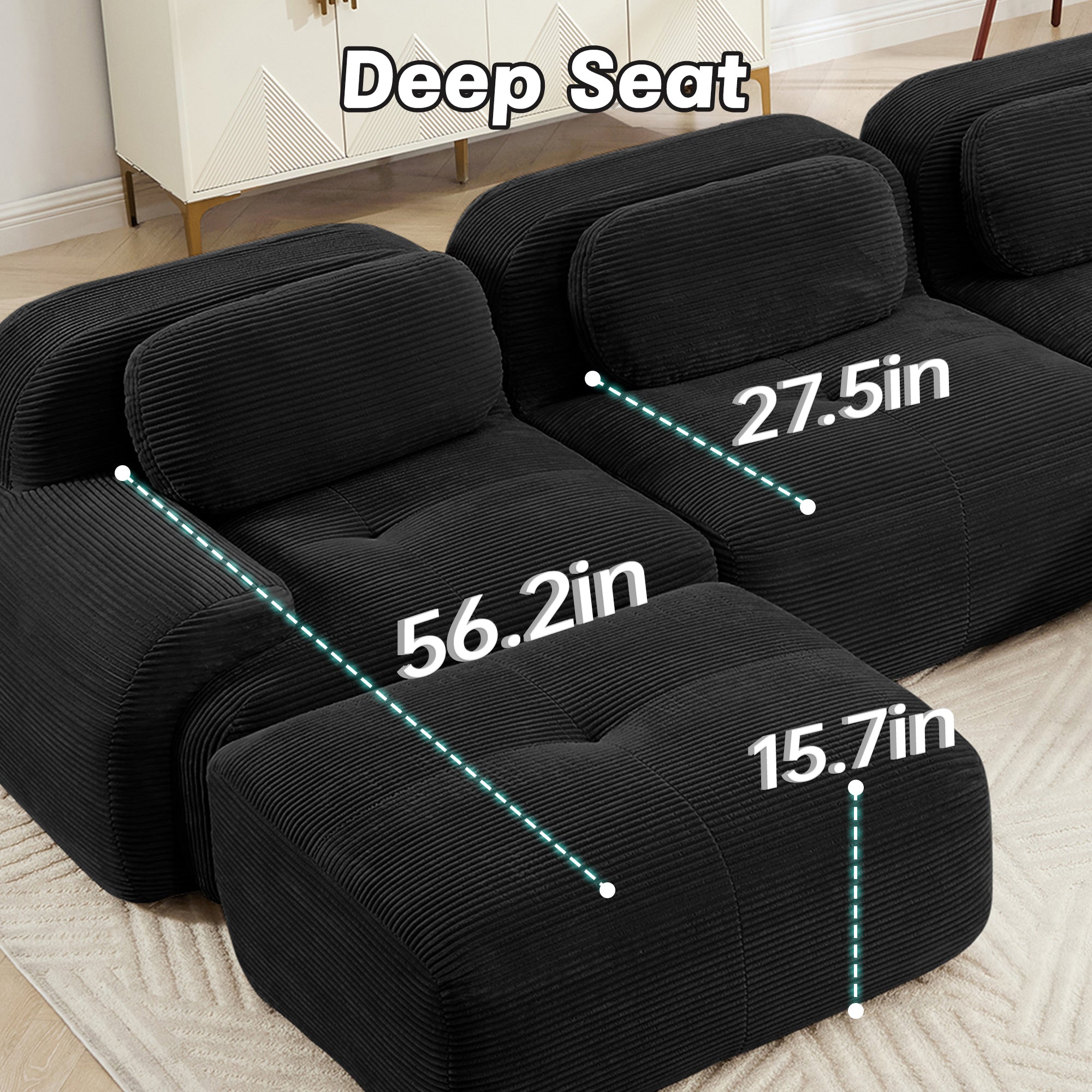 Black recliner sofa with measurements labeled on a neutral background