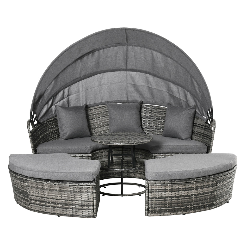 4-piece round rattan daybed set with canopy in modern outdoor patio