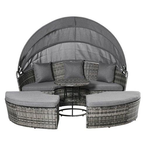 4-piece round rattan daybed set with canopy in modern outdoor patio