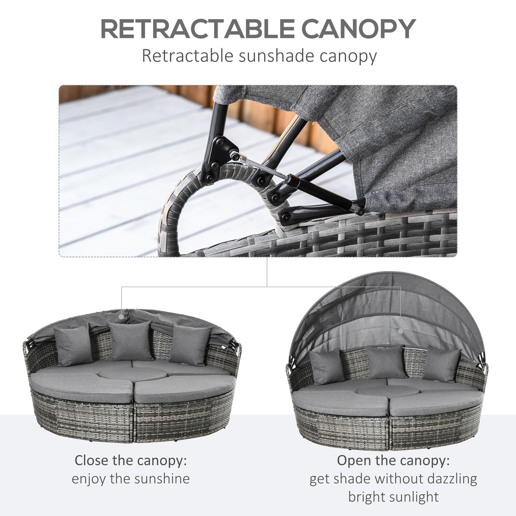 Retractable canopy on a patio chair with text explaining its use.