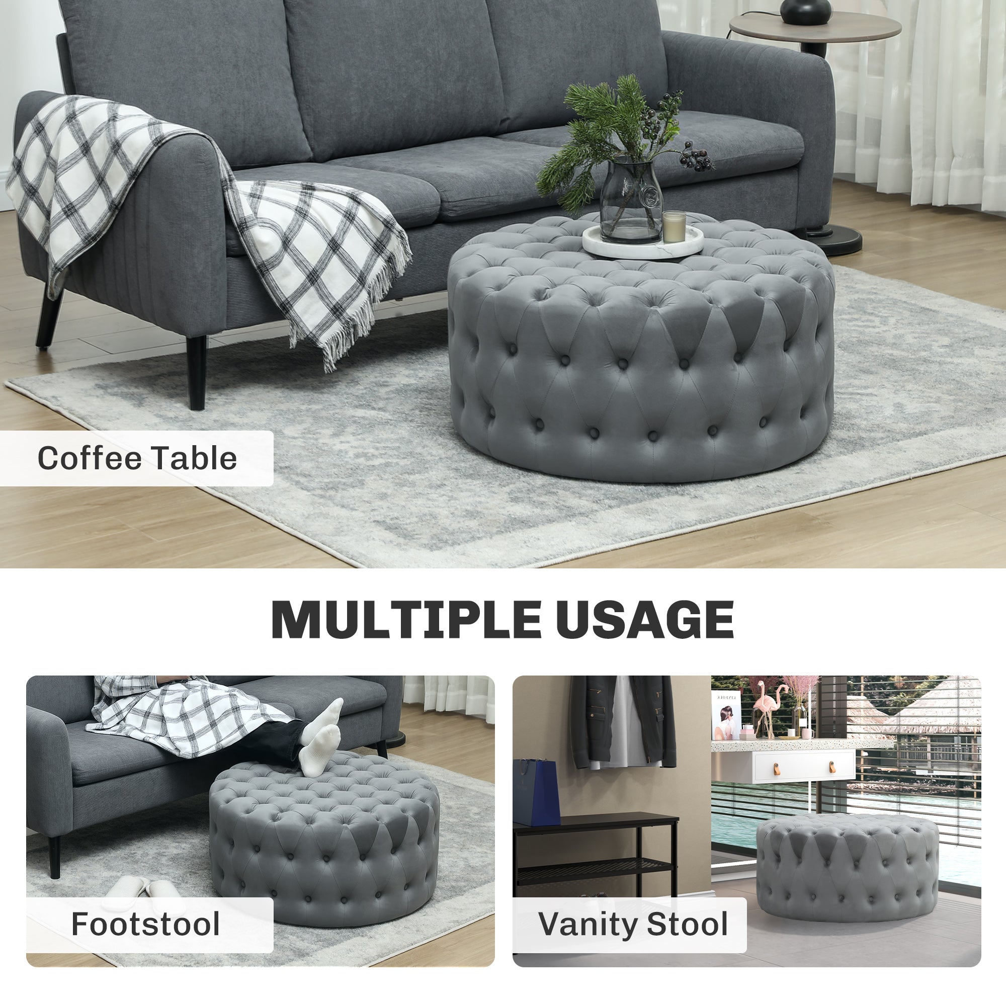 Tufted velvet ottoman coffee table with plush cushioned top and round design