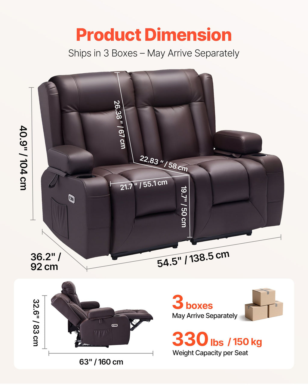 Loveseat Recliner Sofa with Heating & Massage
