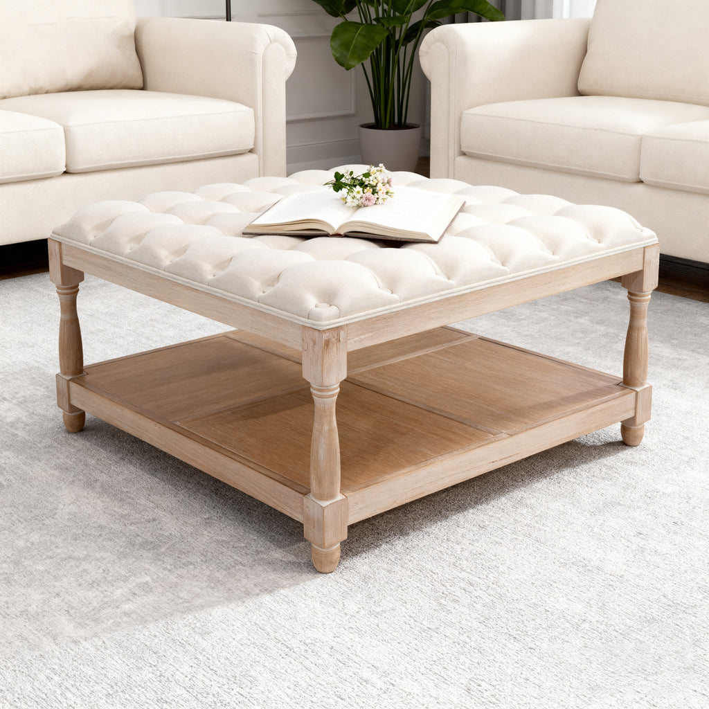 Large linen upholstered ottoman coffee table with farmhouse vintage style design