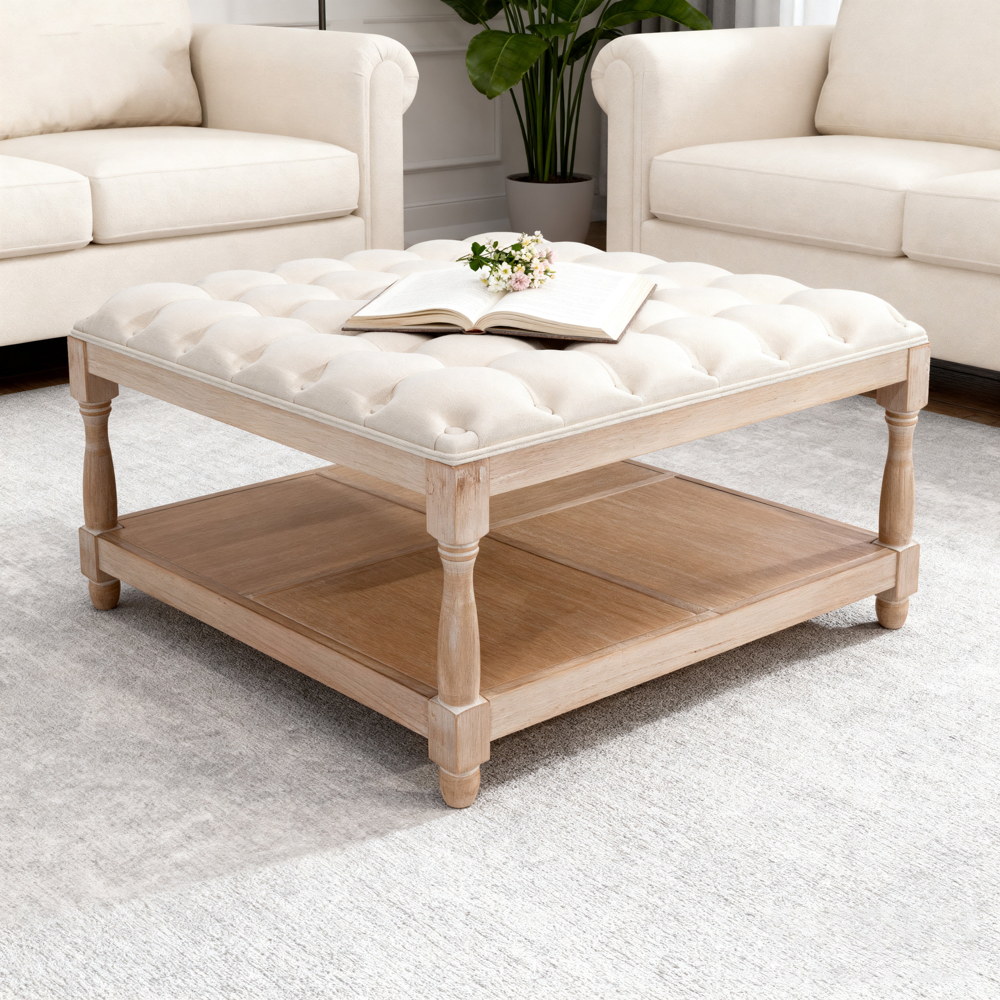 Large linen upholstered ottoman coffee table with farmhouse vintage style design