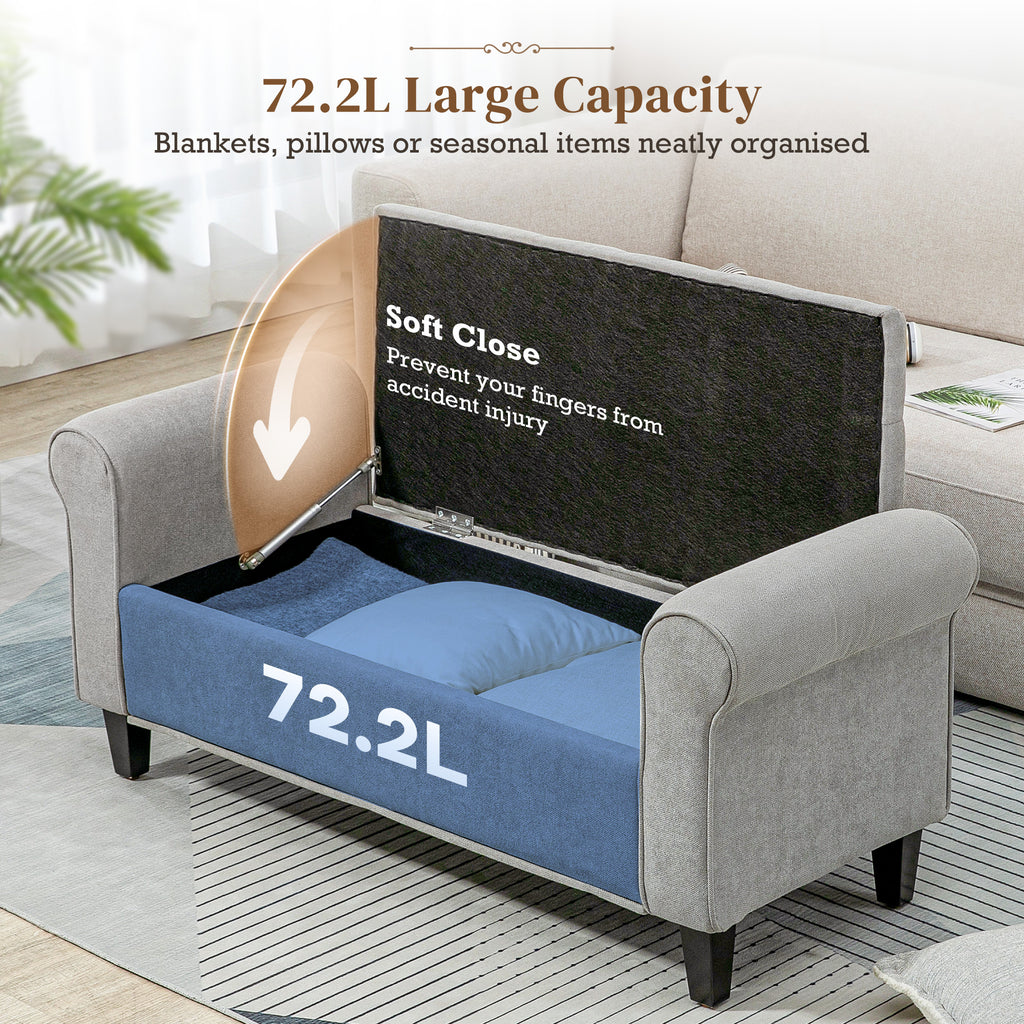 Upholstered storage bench with rolled arms and hidden storage compartment