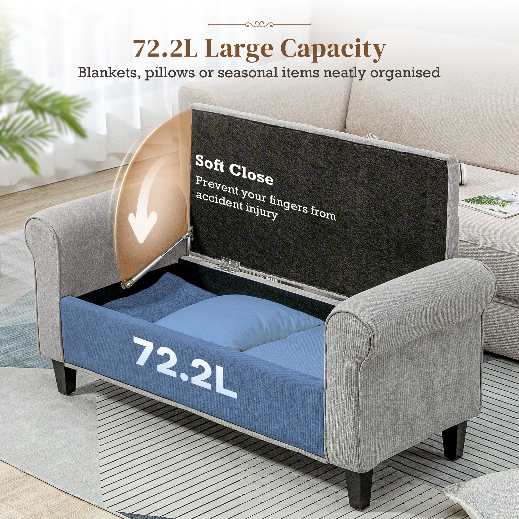 Upholstered storage bench with rolled arms and hidden storage compartment