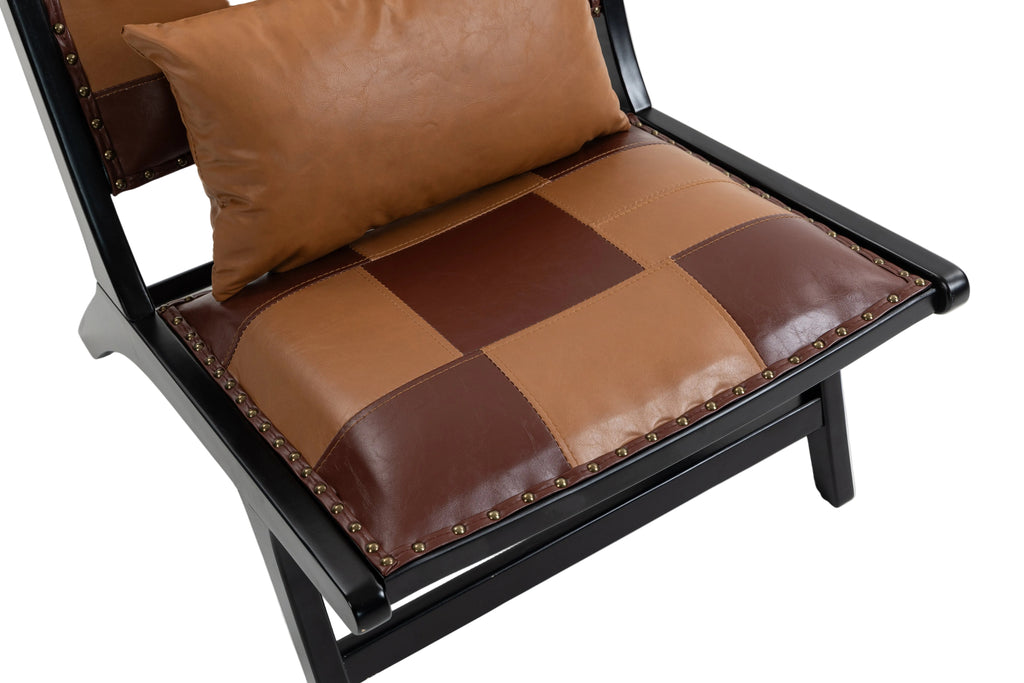 Brown leather chair with a pillow on a white background
