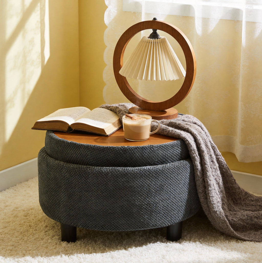 25-inch upholstered ottoman with removable wooden tray and hidden storage