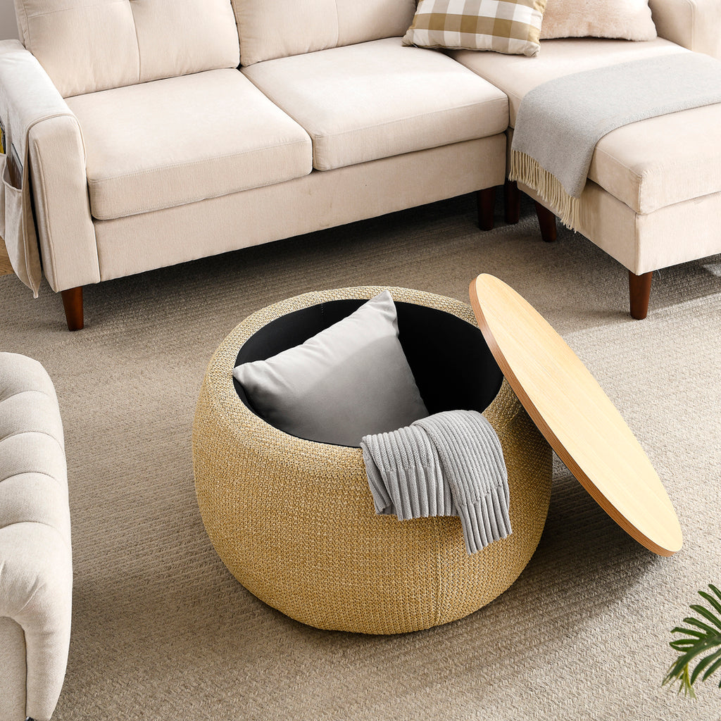 Round woven ottoman with a wooden lid in a living room setting