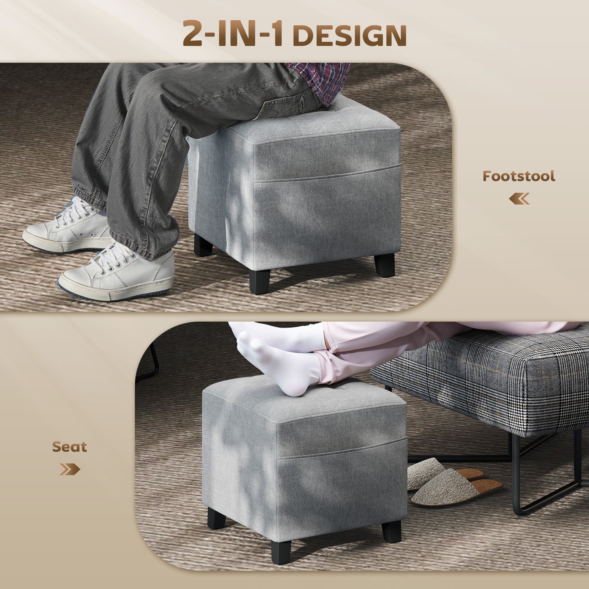 Linen Square Footstool Ottoman
