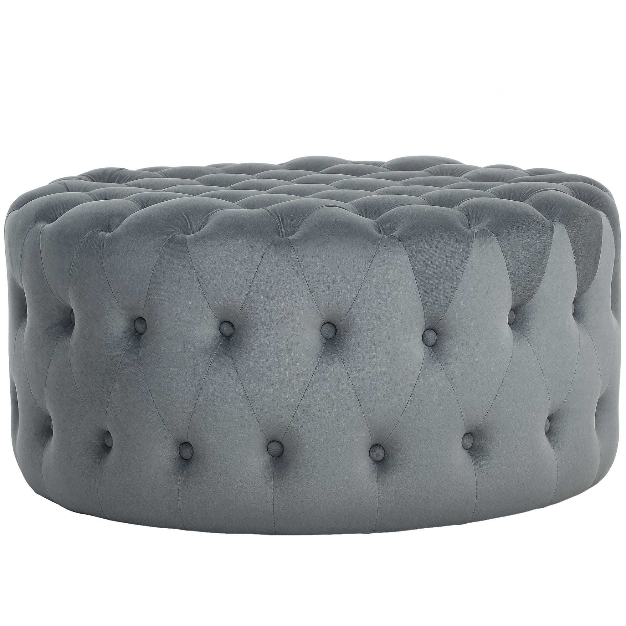 Gray tufted ottoman on a white background