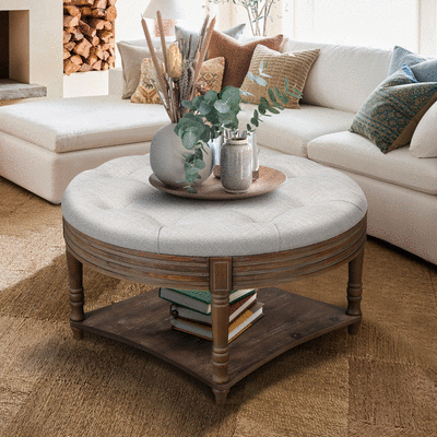 Waterproof tufted coffee table ottoman with farmhouse modern design and soft cushion for home