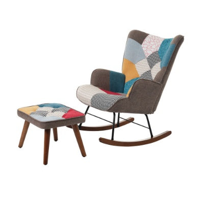 Colorful patchwork rocking chair with ottoman on a white background