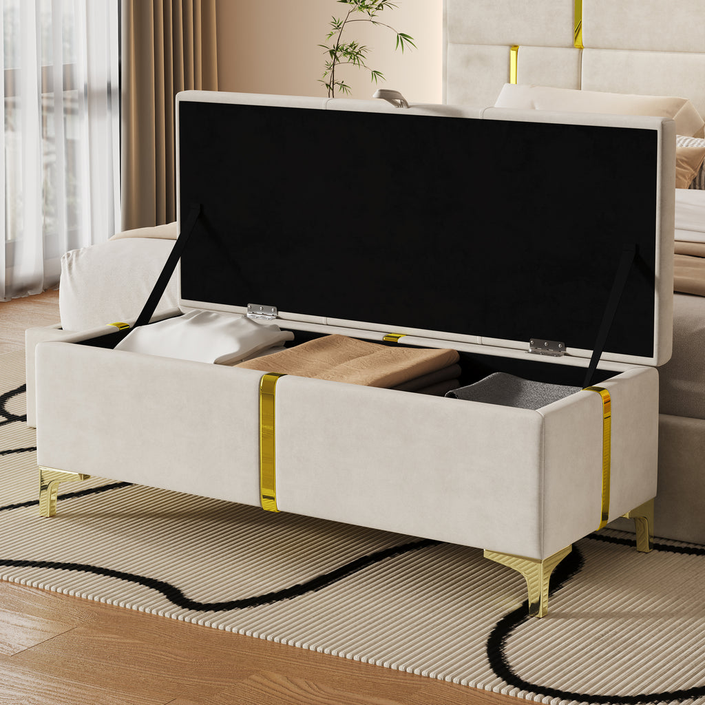 Premium beige velvet storage bench ottoman with gold metal legs in bedroom