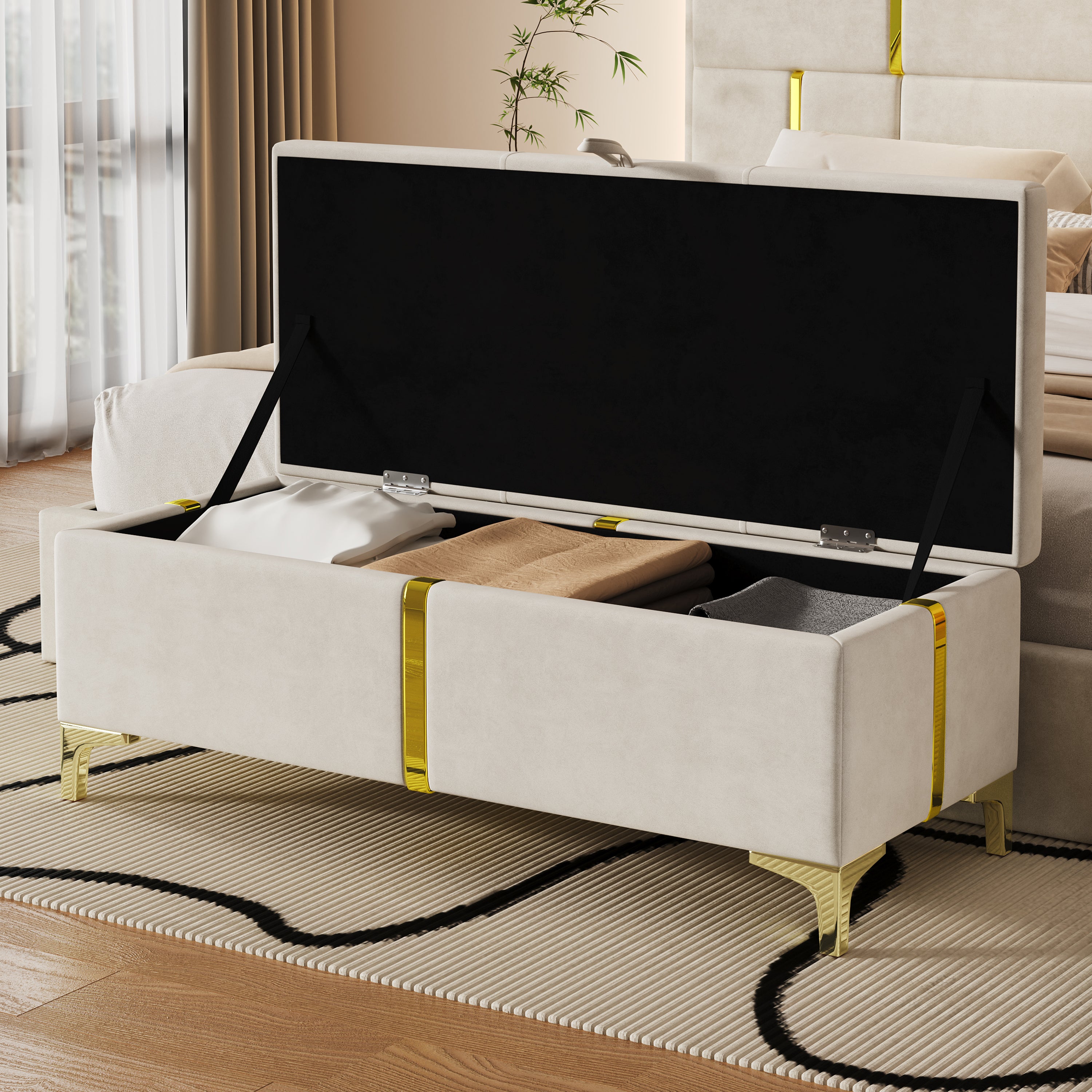 Premium beige velvet storage bench ottoman with gold metal legs in bedroom