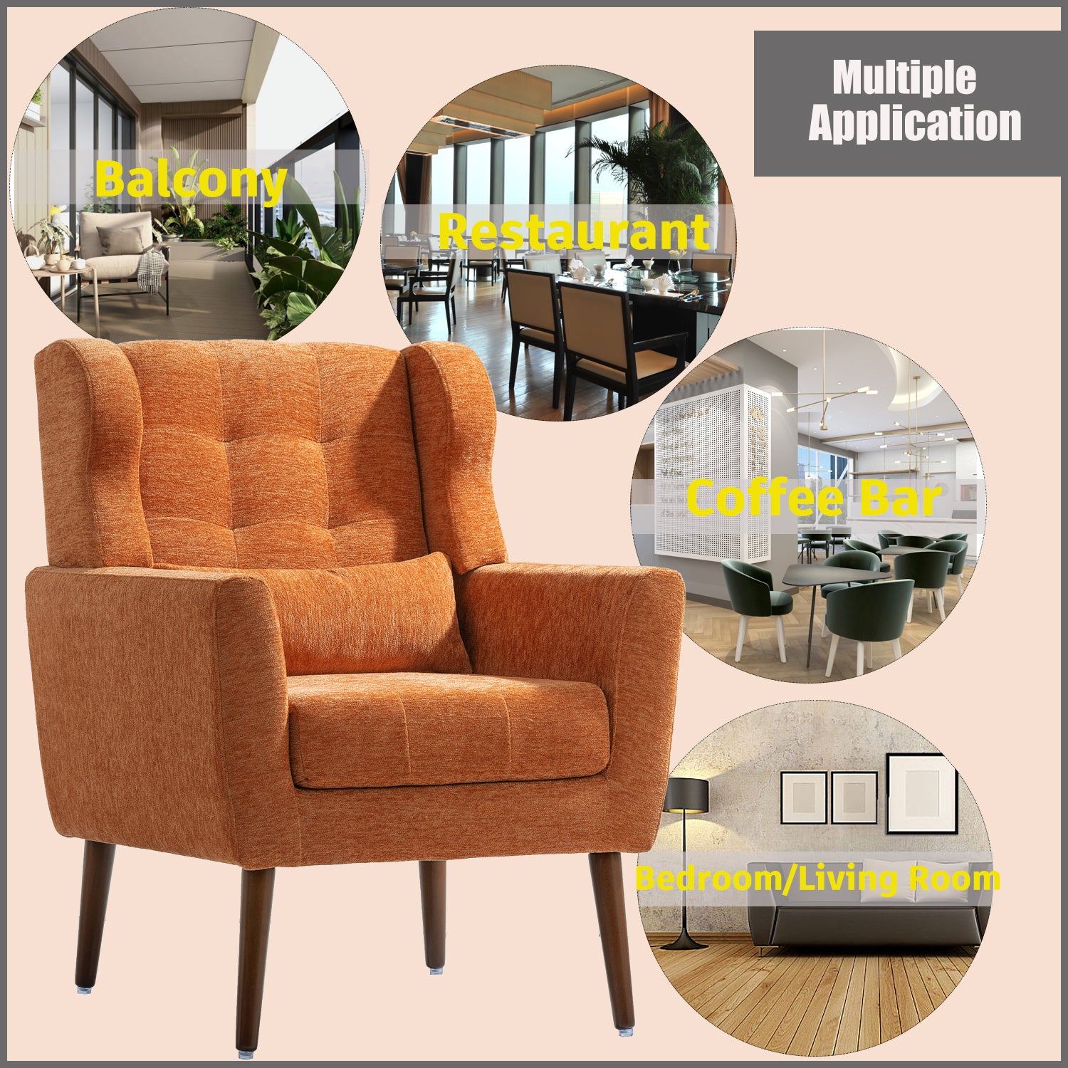 Orange armchair with application scenarios labeled on a beige background
