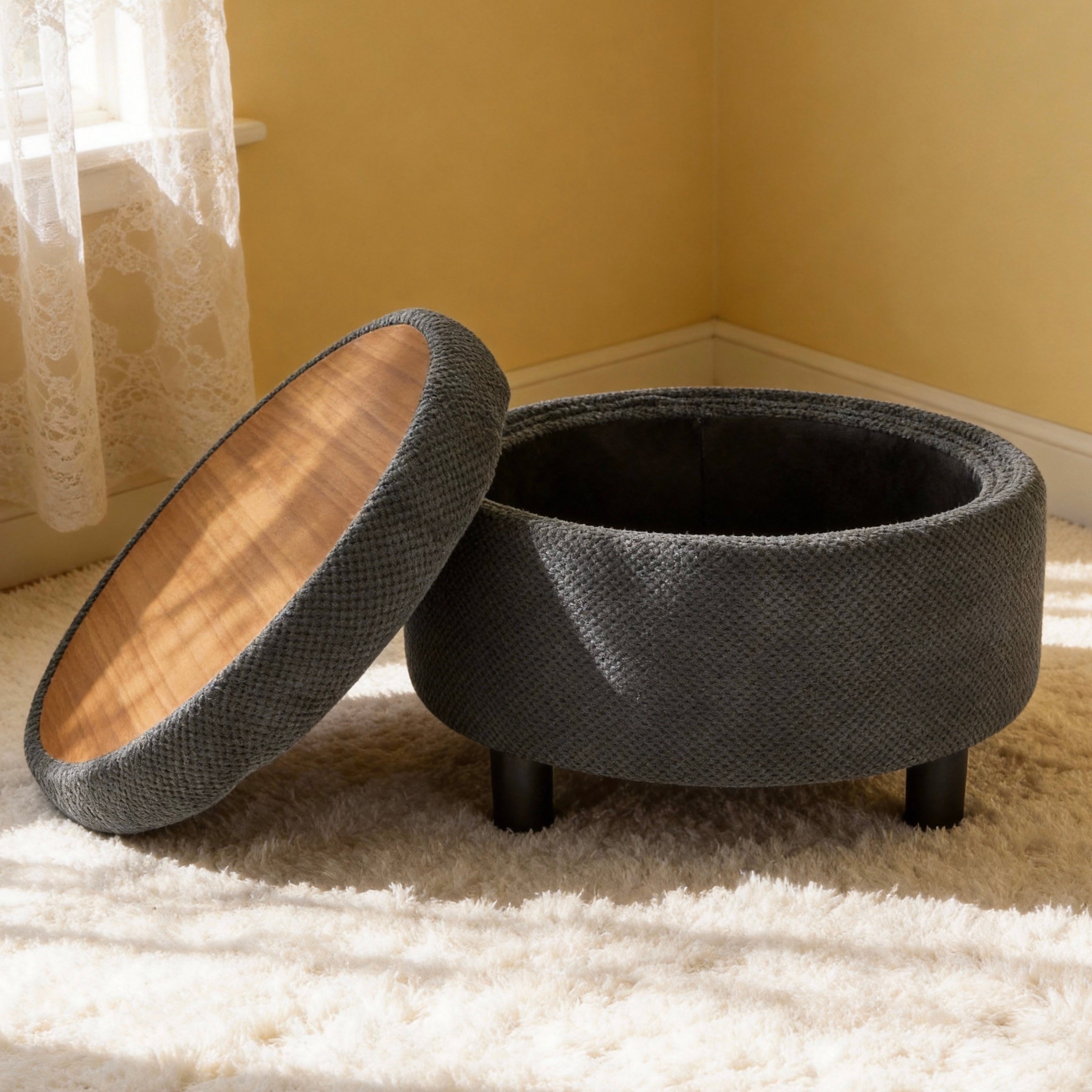 Compact round coffee table ottoman with soft cushion and multifunctional design