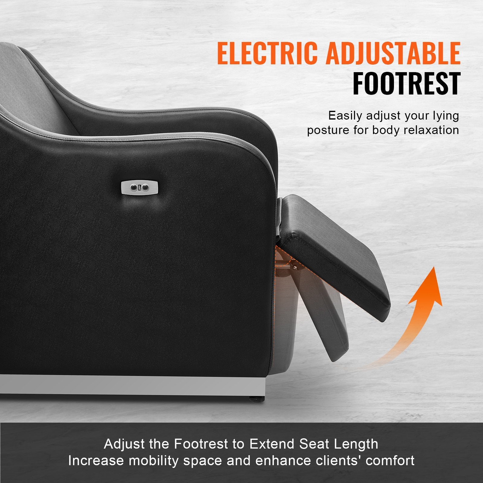 Black recliner chair with electric adjustable footrest on a light gray background