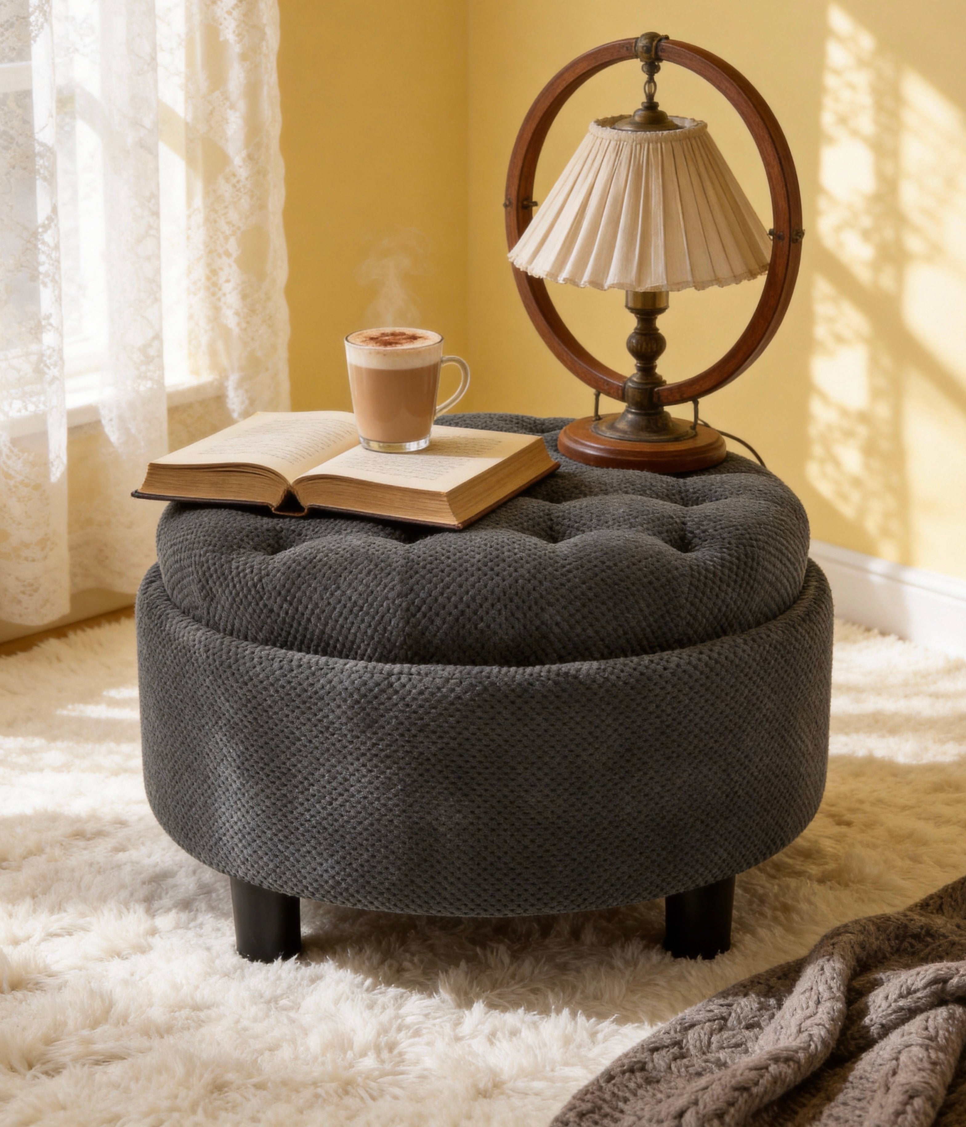 Round storage ottoman with tray in modern living room dark grey fabric