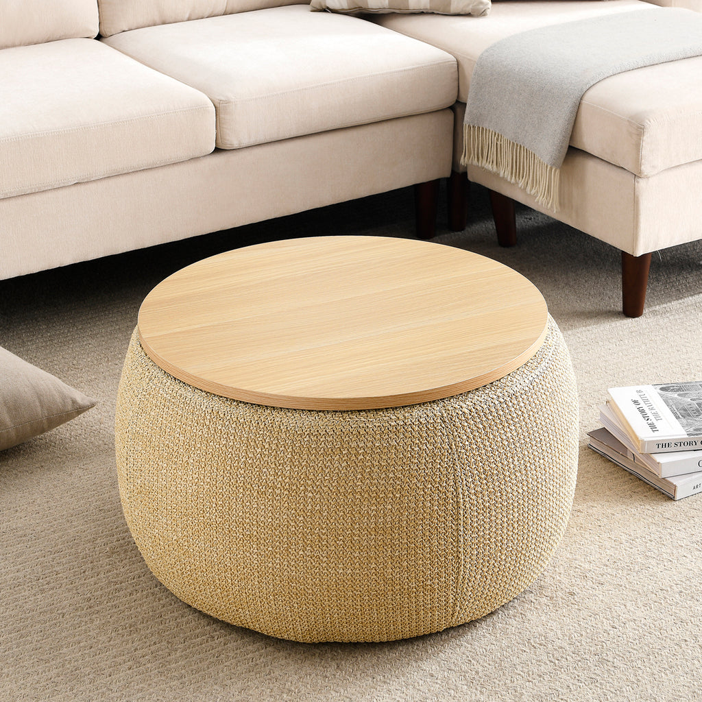 Round woven ottoman with wooden top in a living room setting