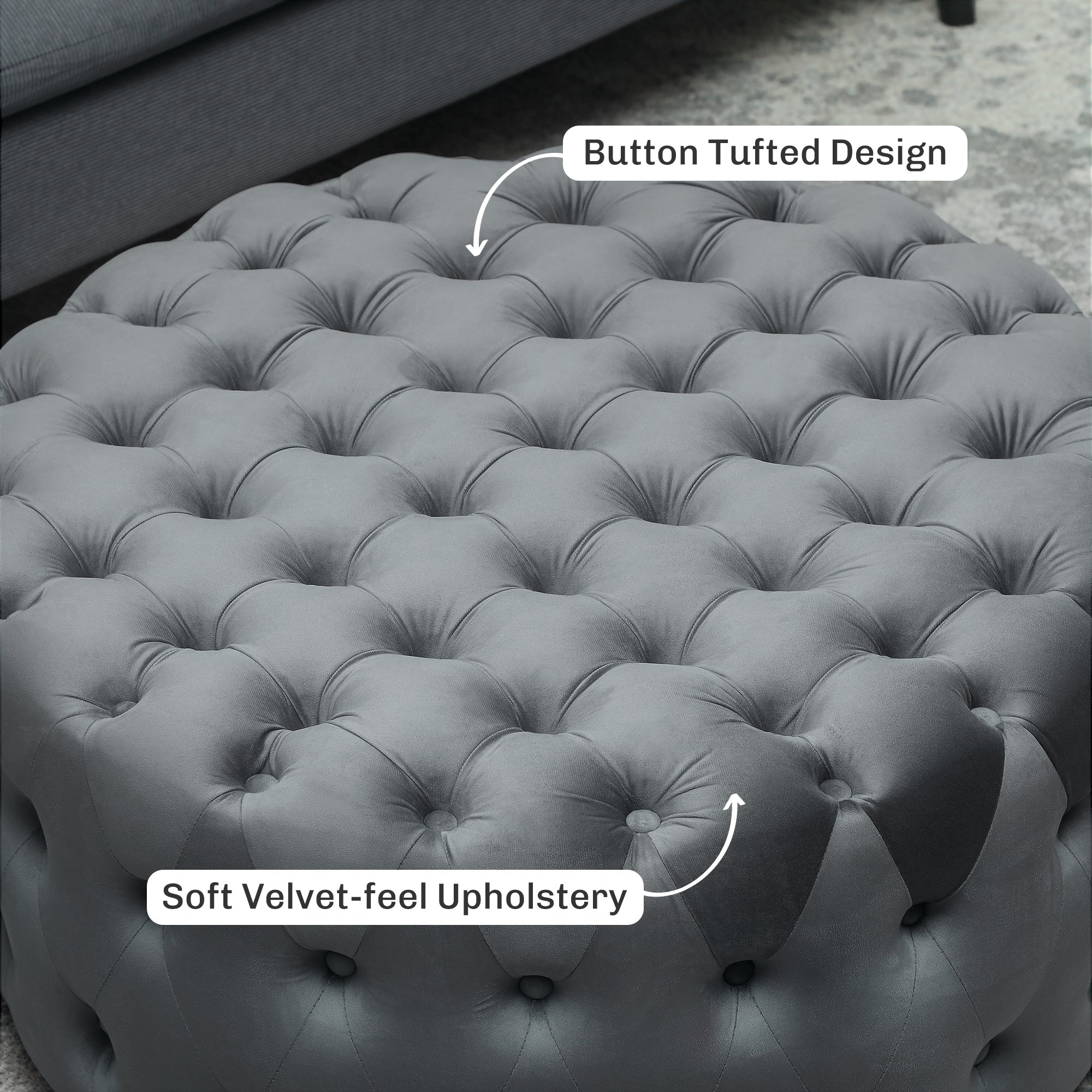 Gray tufted ottoman with labeled button tufted design and soft velvet-feel upholstery.