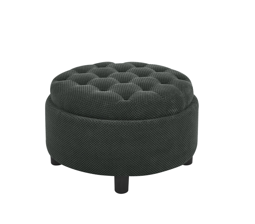 Round tufted ottoman with a dark fabric finish on a white background