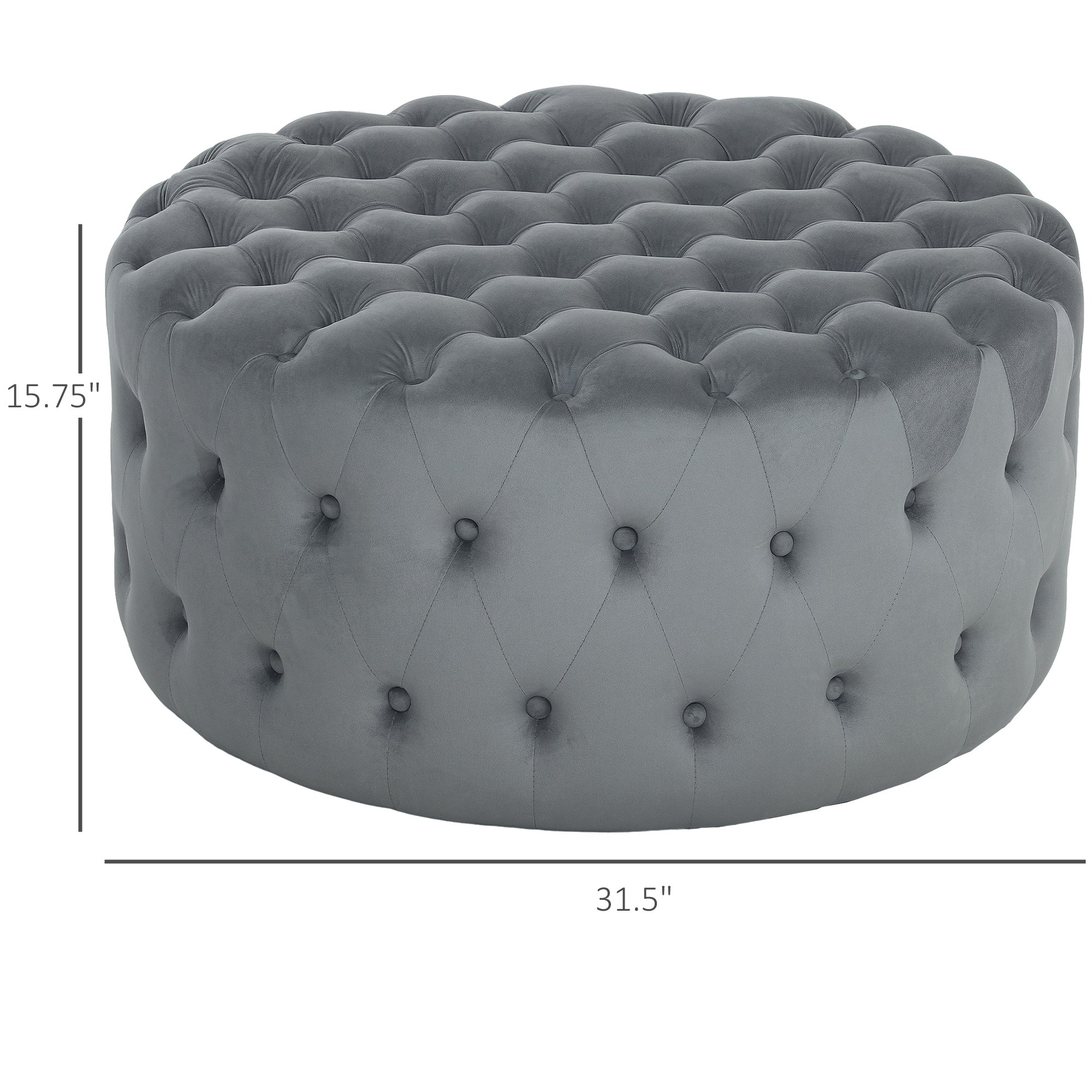 Gray tufted ottoman with dimensions on a white background