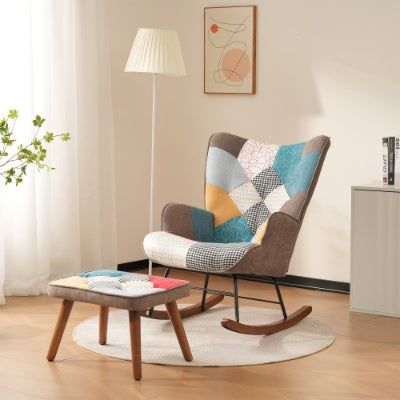 Designer patchwork rocking chair with footrest in modern living room