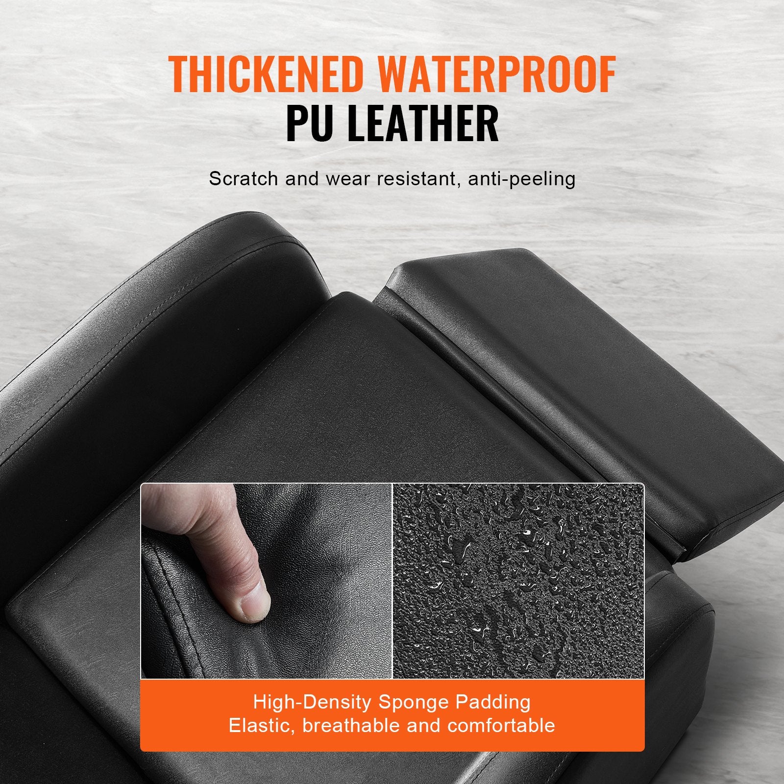 Black leather seat with text highlighting thickened waterproof PU leather and high-density sponge padding.