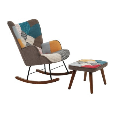 Rocking chair with colorful patchwork design and matching footstool on a white background