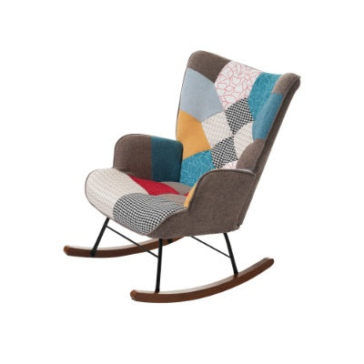 Rocking chair with a colorful patchwork backrest on a white background