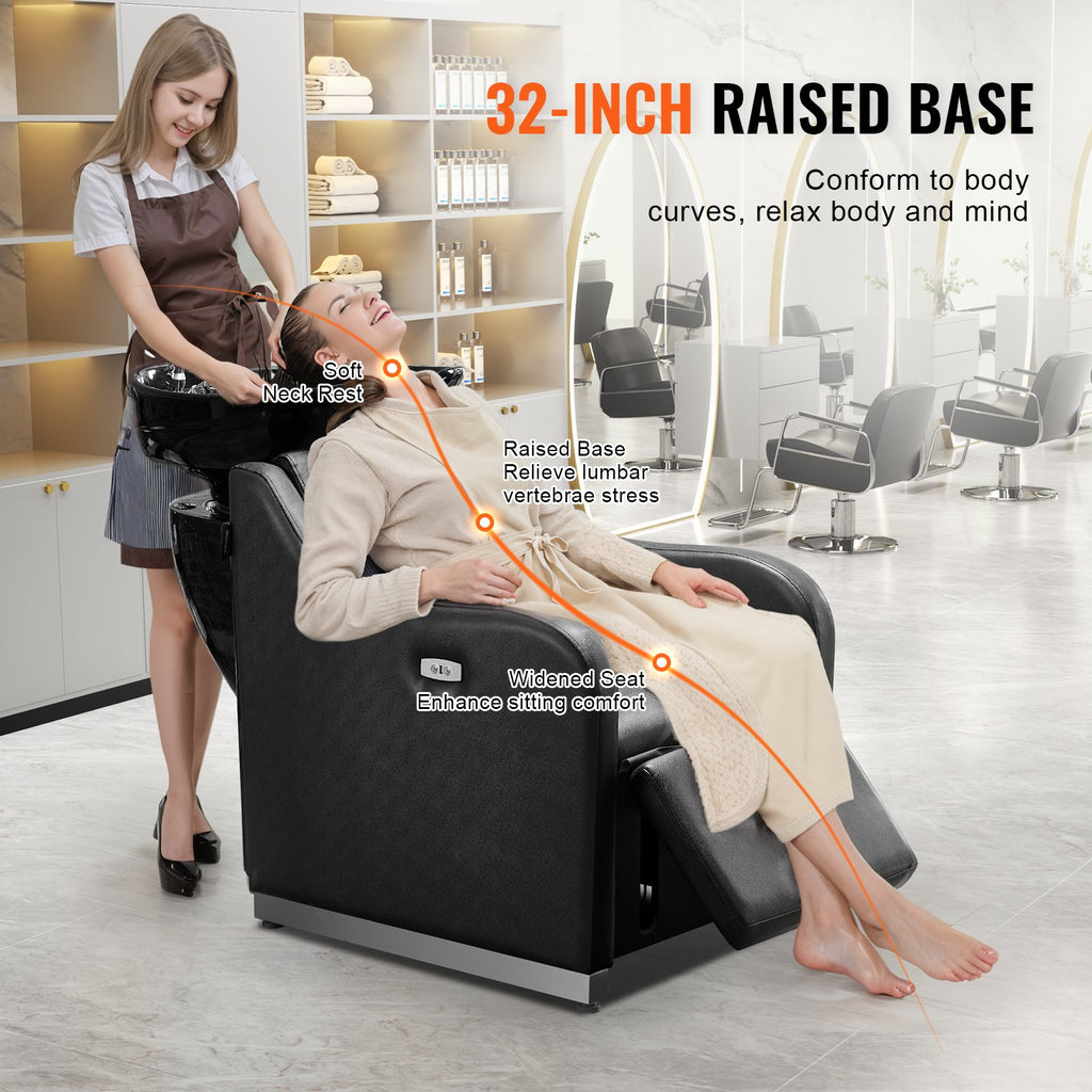Woman using a massage chair in a salon setting with text highlighting features.