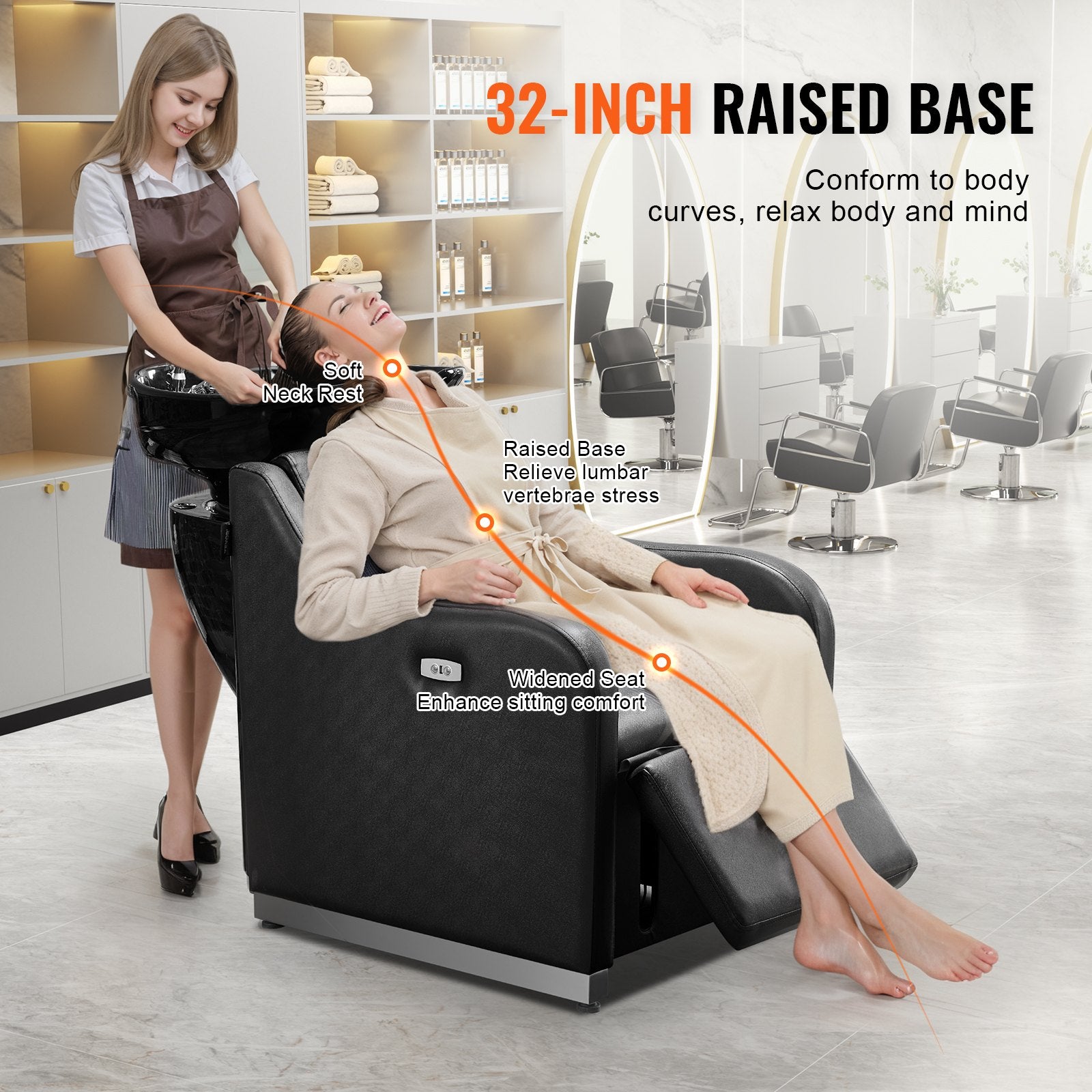 Woman using a massage chair in a salon setting with text highlighting features.