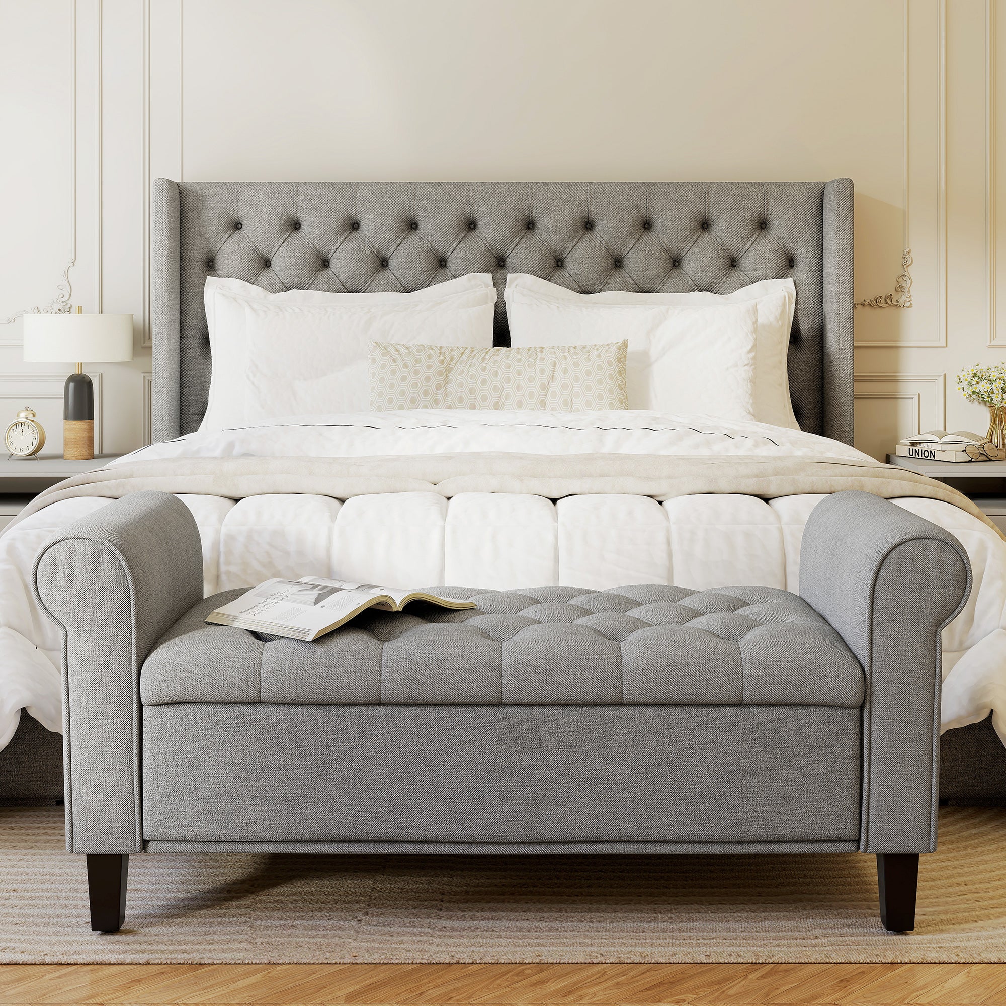 Modern 50 inch storage bench ottoman with tufted seat in bedroom