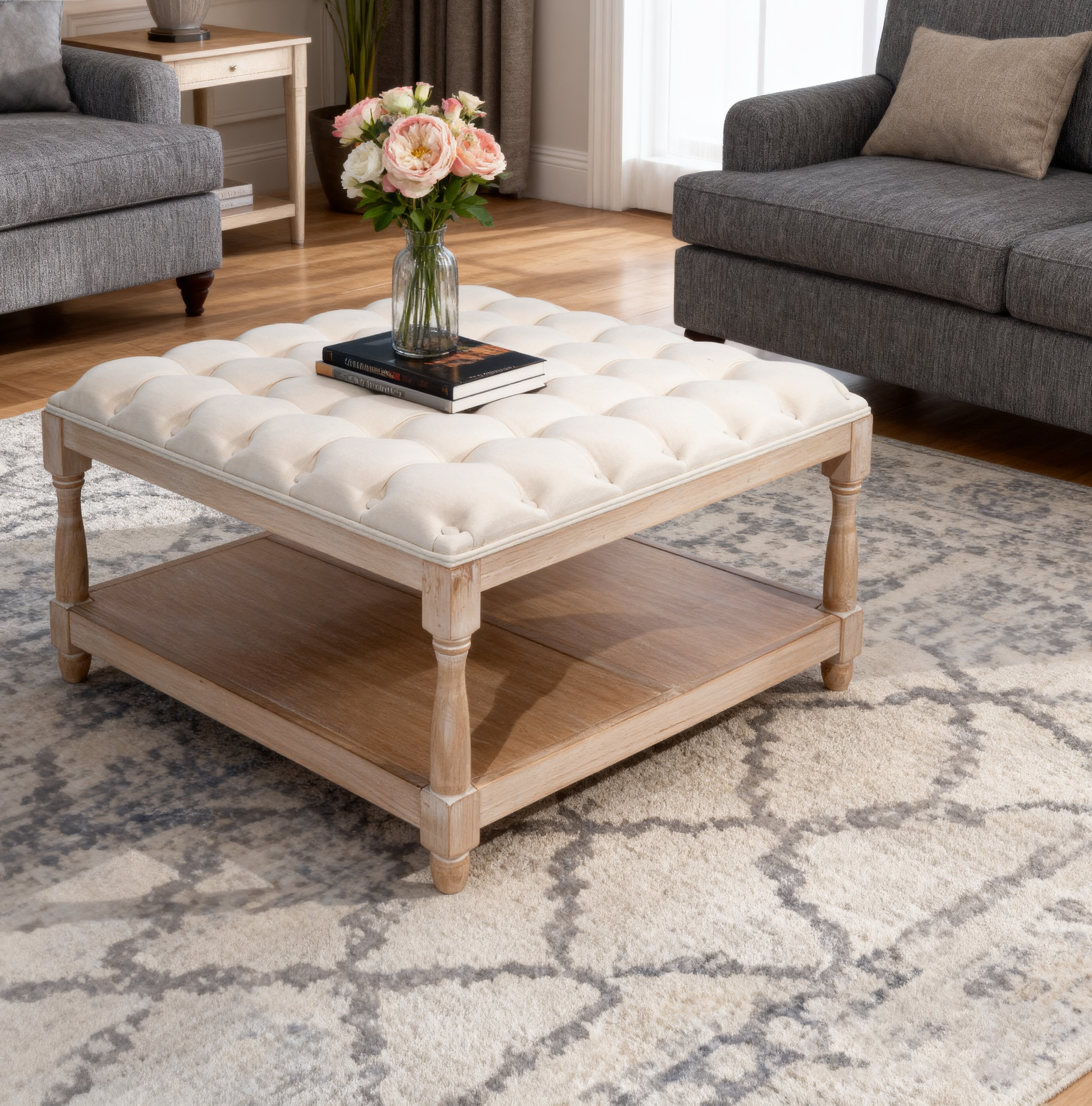 Square tufted coffee table ottoman with solid wood legs and hidden storage space