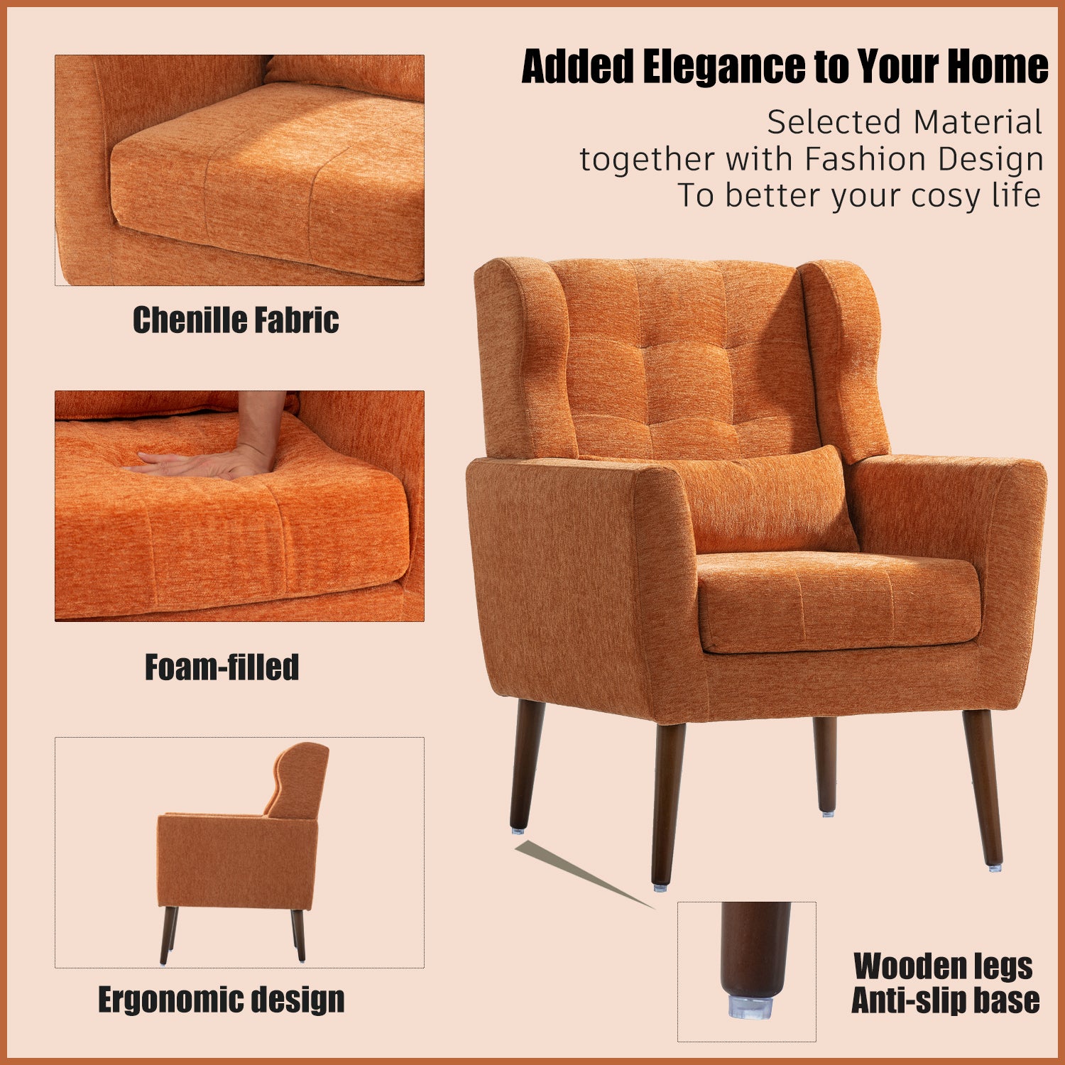Contemporary chenille armchair for bedroom or small space seating area