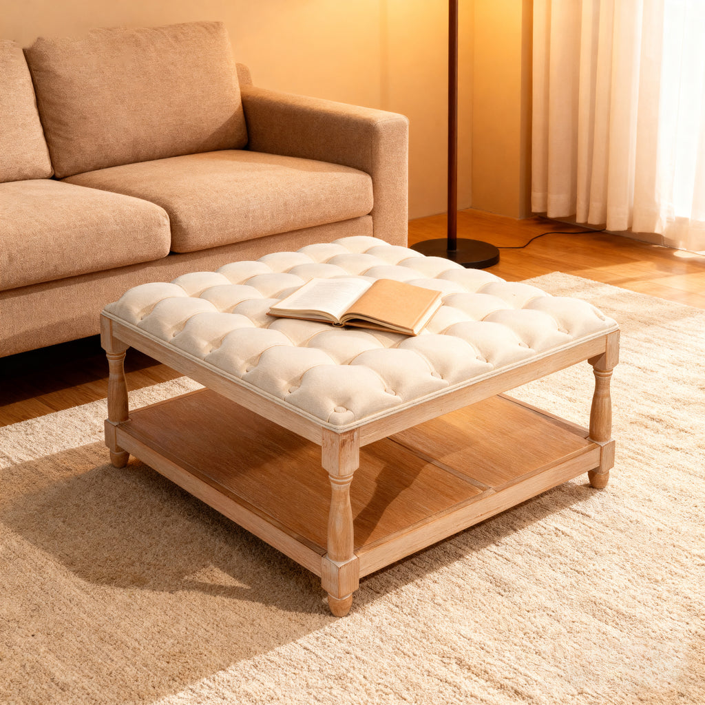 Coffee table with a cushioned top and book in a living room setting.