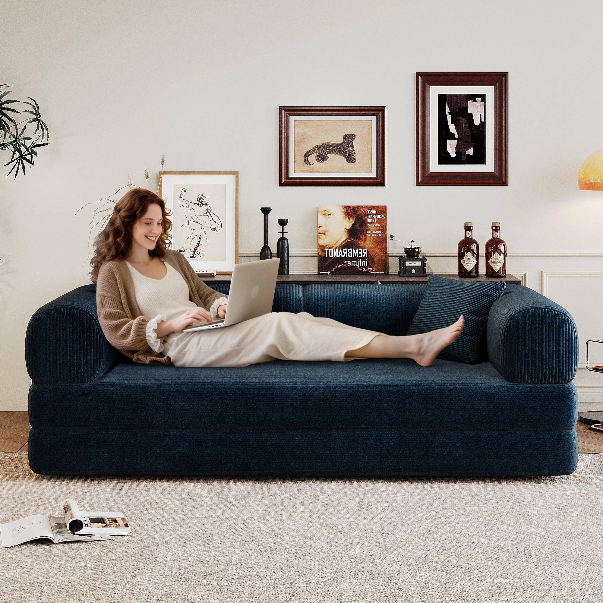 Blue Corduroy Convertible Sofa Bed