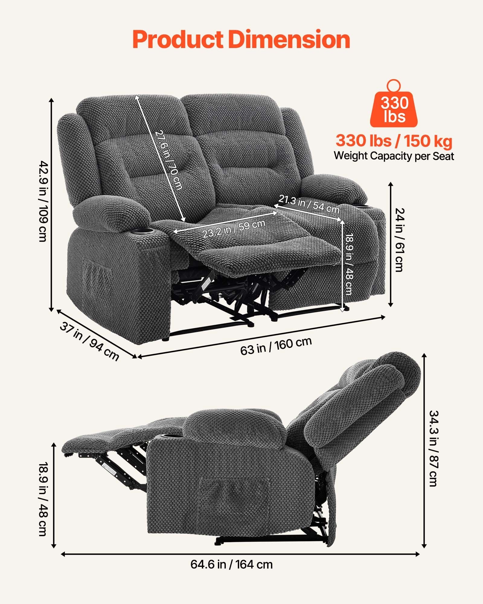 Loveseat Recliner Sofa with Heating and Massage